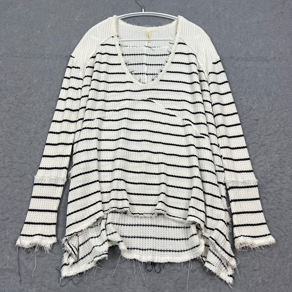Free People Sweater Women's Small Ivory Striped Scoop Raw Fringe Boho Waffle Top